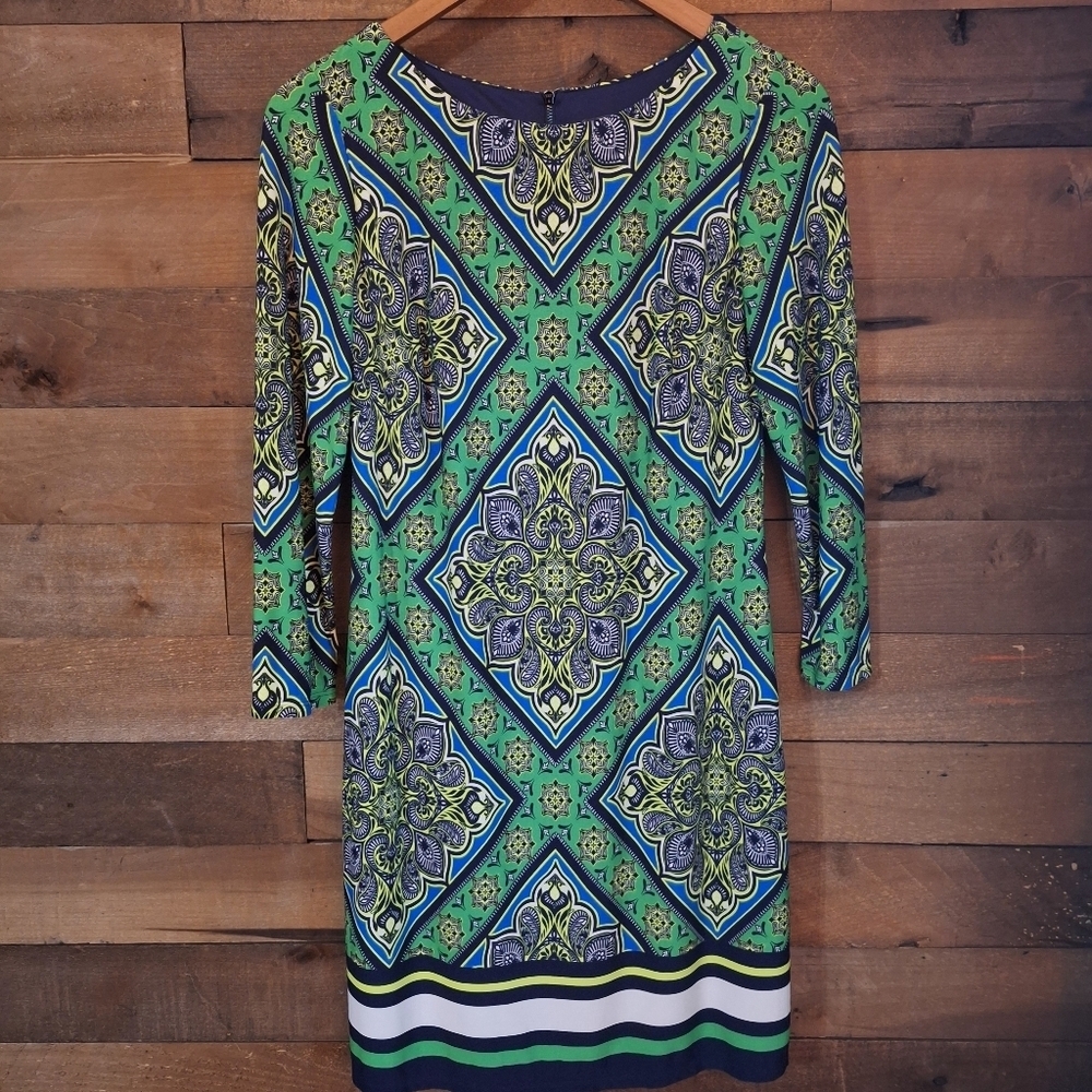 Vince Camino size 4 lined sheath dress Gorgeous Geometric Green Print